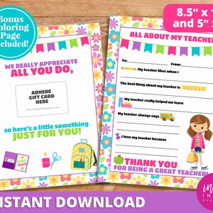 Teacher Appreciation Gift INSTANT DOWNLOAD | All About My Teacher Printable | Teacher Gift Ideas | Teacher Card Digital Download