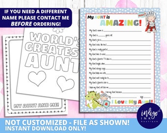 All About My Aunt Kid Questionnaire Aunt Gift INSTANT DOWNLOAD | Aunt Birthday | Mothers Day Gift | Kid Gift to Aunt | Mothers Day from Kid