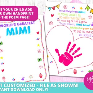 Regalo del Día de la Madre para Mimi DESCARGA INSTANTÁNEA / Regalo de huella de mano para cumpleaños de Mimi / Arte de huella de mano para abuela / Poema del Día de la Madre