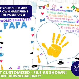 Fathers Day Gift for Papa INSTANT DOWNLOAD | Handprint Gift Papa Birthday | Handprint Art Papa Gift | Father&#39;s Day Poem
