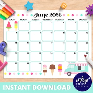 Calendario de junio de 2026 (DESCARGA INSTANTÁNEA) / Calendario digital mensual / Calendario mensual imprimible para niños / Calendario PDF de organización para niños