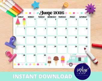June Calendar 2026 INSTANT DOWNLOAD | Monthly Planner Digital Calendar | Kid Monthly Calendar Printable | Organization for Kids PDF Calendar