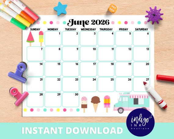 June Calendar 2026 INSTANT DOWNLOAD | Monthly Planner Digital Calendar | Kid Monthly Calendar Printable | Organization for Kids PDF Calendar