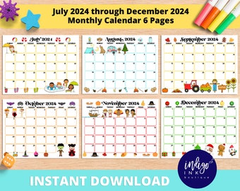 2024 Monthly Calendar Printable INSTANT DOWNLOAD | July 2024 Through December 2024 PDF Calendar | 2024 Calendar Kids Printable