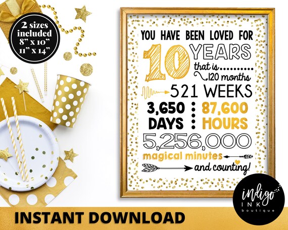 You Have Been Loved for 10 Years Sign INSTANT DOWNLOAD | 10th Birthday Sign | Kids Birthday Board | 10 Years Loved Gold Sign Il_570xn