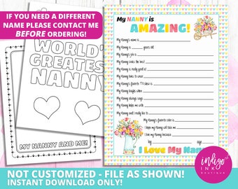 All About My Nanny Kid Questionnaire Mothers Day Gift INSTANT DOWNLOAD | Happy Mother's Day Gift for Nanny | Nanny Birthday Printable