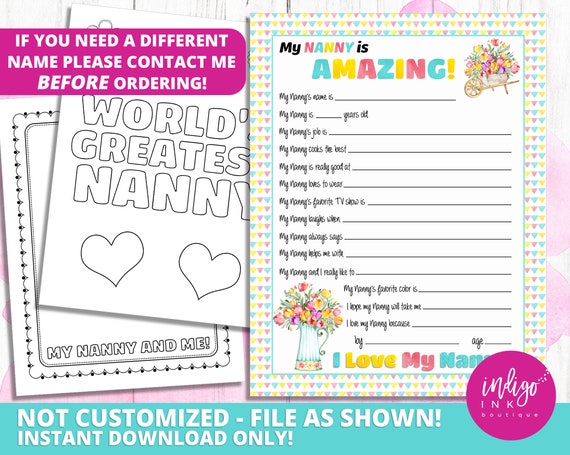 All About My Nanny Kid Questionnaire Mothers Day Gift INSTANT DOWNLOAD | Happy Mother's Day Gift for Nanny | Nanny Birthday Printable Il_570xn