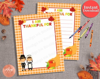 Kids Thanksgiving Printable | Kids Printable | I am Thankful For Thanksgiving Fun | Preschool Thanksgiving Family Tradition INSTANT DOWNLOAD