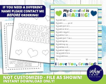 May include: Printable fill-in-the-blank card with the text "My Grandad is AMAZING!" and a heart design. The card has lines for writing about a grandparent. The card is in blue, green, and gray colors.