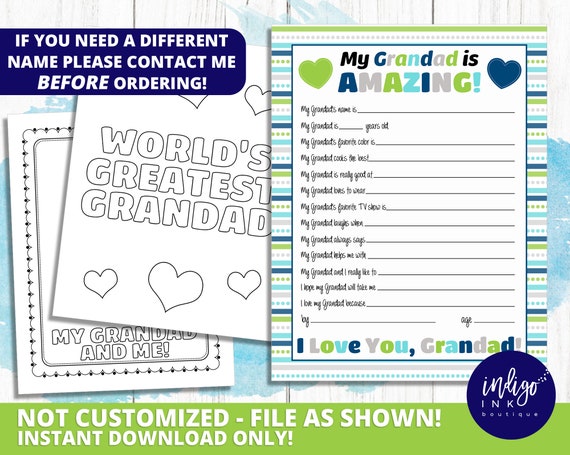 All About My Grandad Kid Questionnaire INSTANT DOWNLOAD | Fathers Day Gift | Gift for Grandad | Grandad Printable | Grandad Birthday Il_570xn