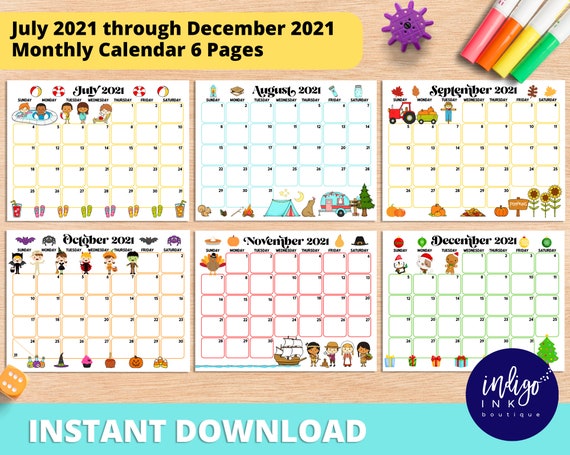 2021 Monthly Calendar Printable Instant Download July 2021 Etsy