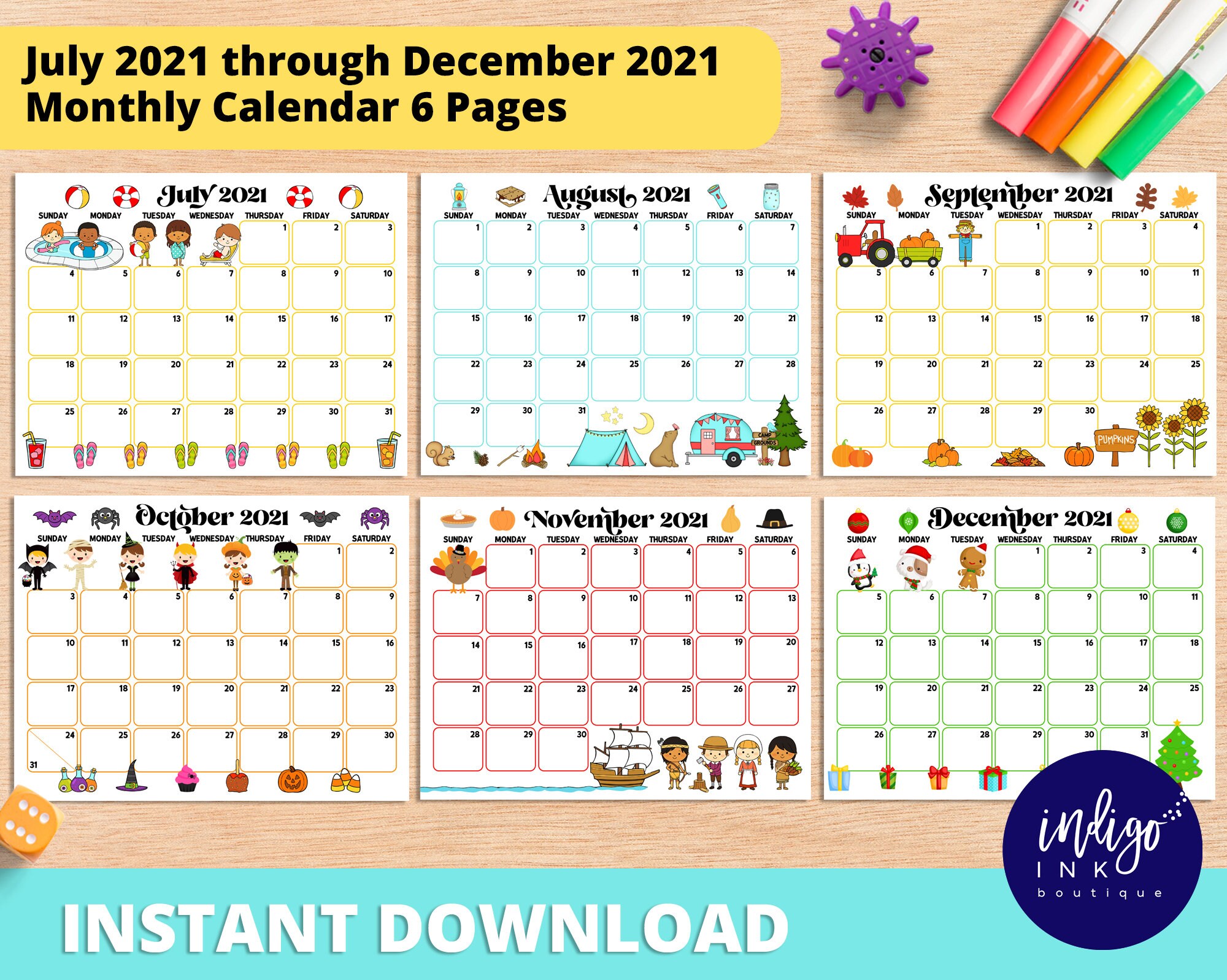 21 Monthly Calendar Printable INSTANT DOWNLOAD  July 21 Through  December 21 PDF Calendar  21 Calendar Kids Printable With Blank Calendar Template For Kids