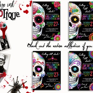May include: Four colorful printable invitations with a Day of the Dead sugar skull design. The invitations are for a Halloween Spooktacular, a 12th birthday party, a Halloween Costume Party, and a Day of the Dead Fiesta. Each invitation features a different colorful sugar skull design with flowers and other decorative elements. The text on the invitations includes the event name, date, time, and location.