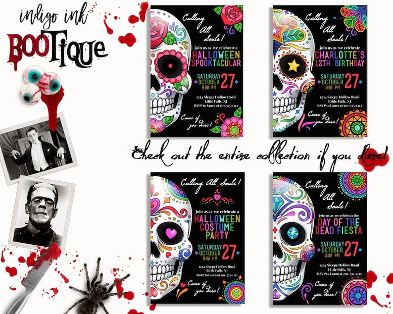 May include: Four colorful printable invitations with a Day of the Dead sugar skull design. The invitations are for a Halloween Spooktacular, a 12th birthday party, a Halloween Costume Party, and a Day of the Dead Fiesta. Each invitation features a different colorful sugar skull design with flowers and other decorative elements. The text on the invitations includes the event name, date, time, and location.