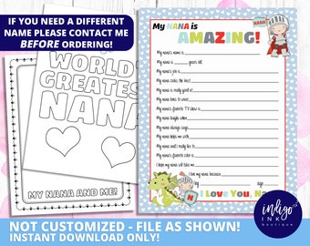 All About Nana Kid Questionnaire Nana Gift INSTANT DOWNLOAD | Nana Birthday | Mothers Day Gift | Kid Gift to Nana | Mothers Day from Kid