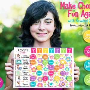 K&ouml;nnte beinhalten: Ein M&auml;dchen h&auml;lt einen wei&szlig;en magnetischen Aufgabenplan mit bunten Blumen und Sternen hoch. Der Plan ist mit "Emily's Chart" beschriftet und enth&auml;lt eine Liste von Aufgaben, darunter "Hausaufgaben machen", "Musikinstrument &uuml;ben", "B&uuml;cher lesen", "M&uuml;ll rausbringen", "Pflanzen gie&szlig;en" und "Staubsaugen". Der Plan ist f&uuml;r die Verwendung mit magnetischen Kn&ouml;pfen konzipiert. Das Bild enth&auml;lt auch Text, der "Make Chores Fun Again! with Reward Charts from Indigo Ink Boutique" lautet.
