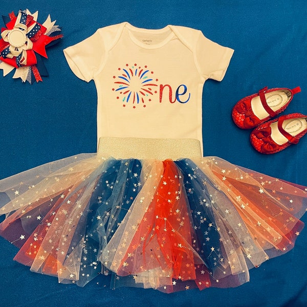 Patriotic Baby Girls 1st Birthday Outfit - Tutu Onesie Hair Bow Bib / Handmade Red White Blue 4th of July Stars Outfit Toddler Birthday Set