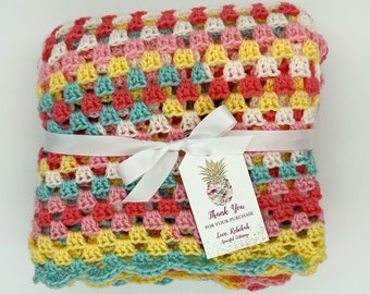 Pink Coral Yellow White Mint Torquoise Crocheted Baby Blanket - Boy/Girl/Gender Neutral- Handmade Granny Square Afghan - READY TO SHIP