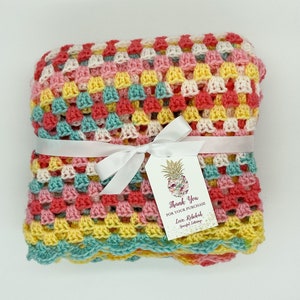 Pink Coral Yellow White Mint Torquoise Crocheted Baby Blanket - Boy/Girl/Gender Neutral- Handmade Granny Square Afghan - READY TO SHIP