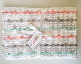 White Pink Gray Aqua Bobble Pom Pom Crocheted Baby Blanket Boy Girl Gender Neutral Handmade Striped Infant Afghan READY TO SHIP
