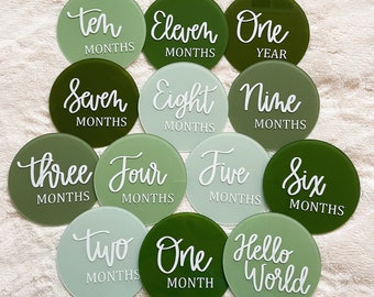 Acrylic Baby Monthly Milestones -Sage Green Earth Tones Ombre - 12 Month Set, Birth Announcement, Newborn Photo Prop, Baby Months, Baby Gift