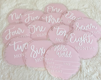 Acrylic Baby Monthly Milestones - Painted Acrylic Disc, 12 Month Set, Birth Announcement, Newborn Photo Prop, Baby Months, Baby Gift