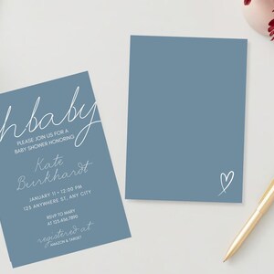 Babypartyeinladungsvorlage Minimalistische Babyparty für Jungen Einladen Blau Bearbeitbare Babypartyeinladung Einfacher Babyparty-Download