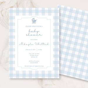 Blaue Babyparty einladen Gingham druckbare Vorlage Babyparty einladen bearbeitbare Download Babypartyeinladung bearbeitbare digitale Vorlage