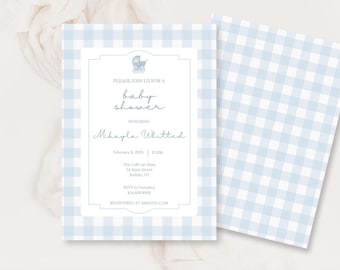 Blue Baby Shower Invite Gingham Printable Template Baby Boy Shower Invite Editable Download Baby Shower Invitation Editable Digital Template