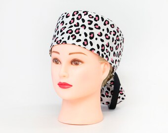 Leopard Print in Pink Boy Cap Ponytail Scrub Hat