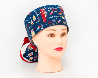 Summertime Fun and Fireworks in Navy Boy Cap Ponytail Scrub Hat