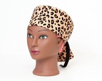 Leopard Print Boy Cap Ponytail Scrub Hat