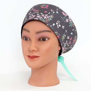 Anytime Floral on Gray -Pixie Euro Style Scrub Hat