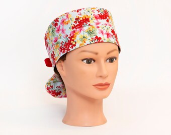 Spring Farm House Floral on Blue Boy Cap Ponytail Scrub Hat
