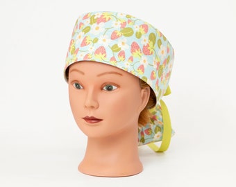 Sweet Strawberry Patch in Blue Boy Cap Ponytail Scrub Hat