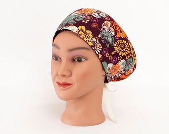 Fall Garden on Eggplant Pixie Style Surgical Scrub Hat