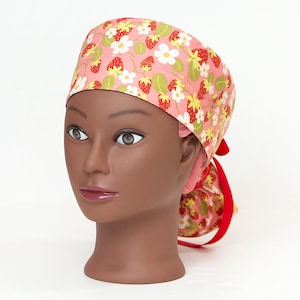 Sweet Strawberry Patch in Pink Boy Cap Ponytail Scrub Hat