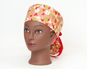 Sweet Strawberry Patch in Pink Boy Cap Ponytail Scrub Hat