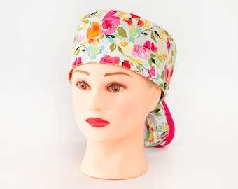 Watercolor Spring Floral Boy Cap Ponytail Scrub Hat