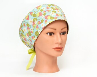 Sweet Strawberry Patch in Blue Pixie Style Surgical Scrub Hat