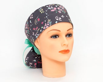 Anytime Floral on Gray Boy Cap Ponytail Scrub Hat