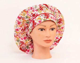 Spring Farm House Flowers on Pink Bouffant Scrub Hat