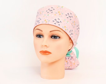 Ponytail Scrub Hat - Summer Meadow in Baby Pink
