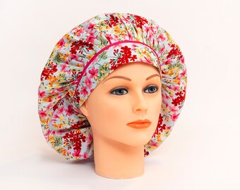 Spring Farm House Flowers on Blue Bouffant Scrub Hat