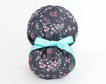 Anytime Floral on Gray - Hybrid Bouffant/Ponytail Scrub Hat