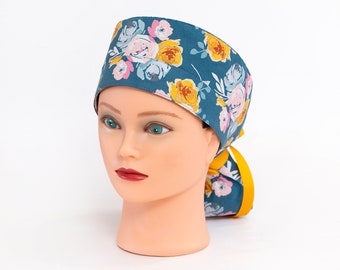 Joyful Peonies on Blue Boy Cap Ponytail Scrub Hat