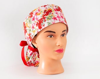 Spring Farm House Floral on Pink Boy Cap Ponytail Scrub Hat