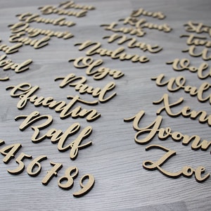 Lettering as a place card for a wedding made of wood font Aon 3 cm card