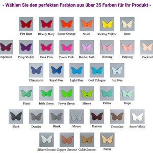 May include: A chart of 35 different butterfly-shaped color swatches. The colors include Fire Rose, Bloody Mary, Power Orange, Sushi, Kicking Yellow, Bone, Imperator, Pimp Violett, Punk Pink, Power Pink, Bubble Bath, Dummy, Patpong, Cocktail, Ultramarin, Royal Blue, Light Blue, Cool Cologne, Ice Blue, Plant, Irish Green, Power Green, Slimer, Patina, Hope, Black, Dumbo, Shark, Mouse, Maroon, Chocolate, Snow White, Silver Chrome, Copper Chrome, Gold Chrome, and Natur.