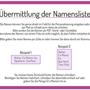 May include: A document with instructions on how to submit a list of names. The document includes two examples of how to format the list. The first example is "Stefan, 2 x Mama, Iris, OpaHorst, TomPaul..." and the second example is "Stefan, 2 x Mama, Iris, Opa Horst, Tom-Paul".